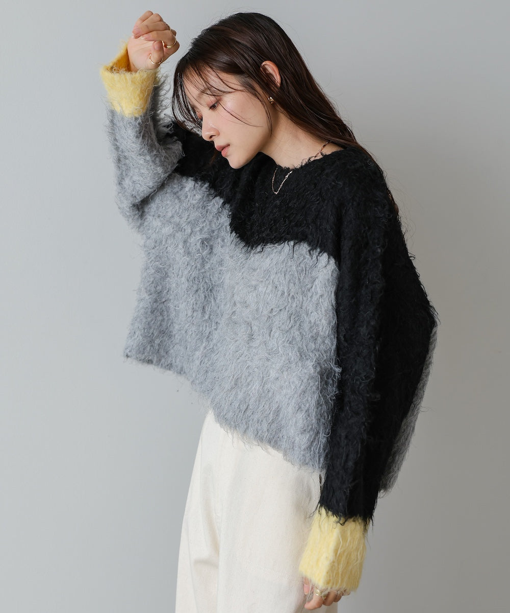 ウェーブ配色ショートニットトップス