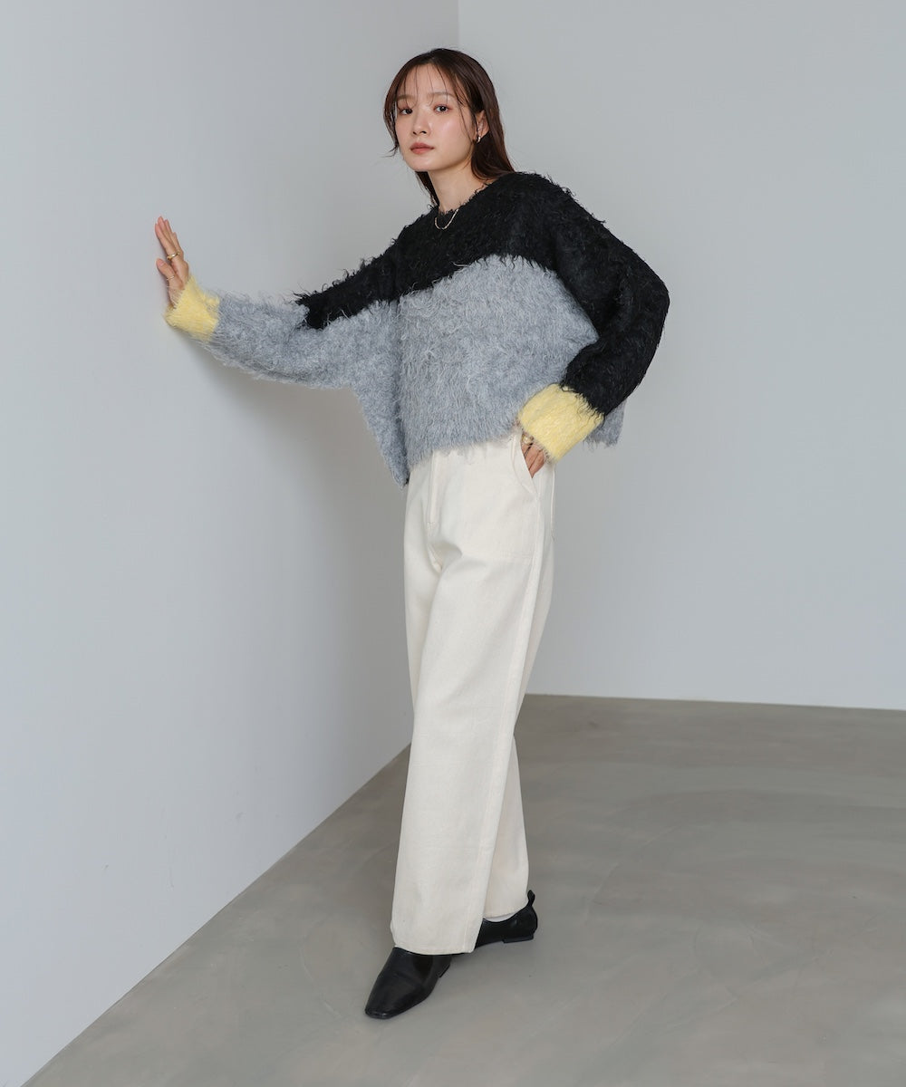 ウェーブ配色ショートニットトップス