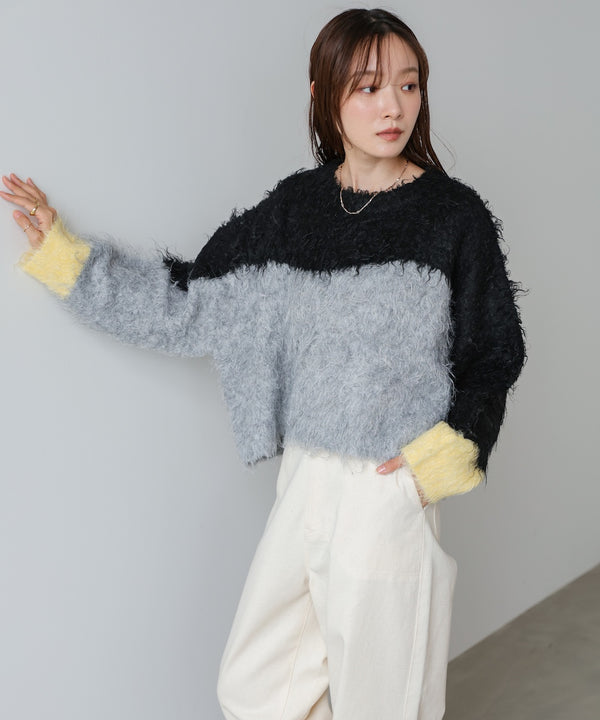 ウェーブ配色ショートニットトップス