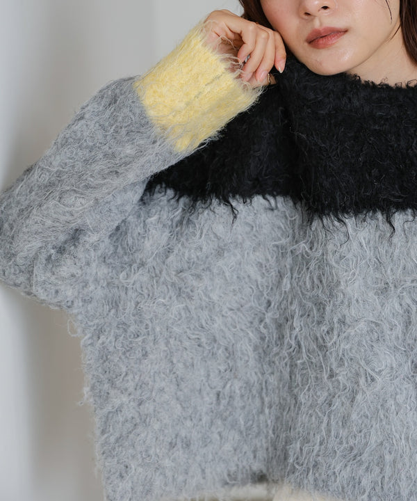 ウェーブ配色ショートニットトップス