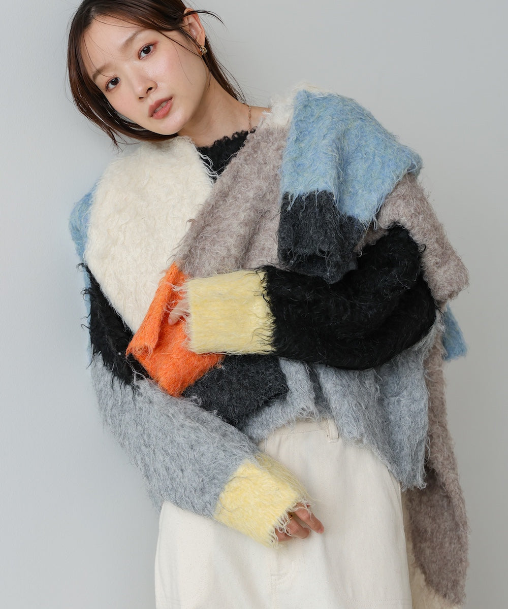 ウェーブ配色ショートニットトップス