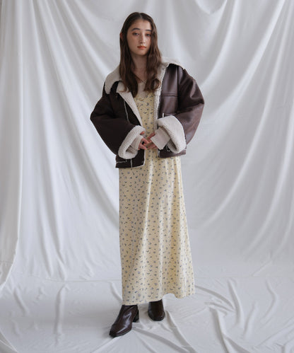 小花柄レース付きベロアキャミワンピース