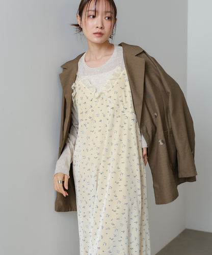 小花柄レース付きベロアキャミワンピース
