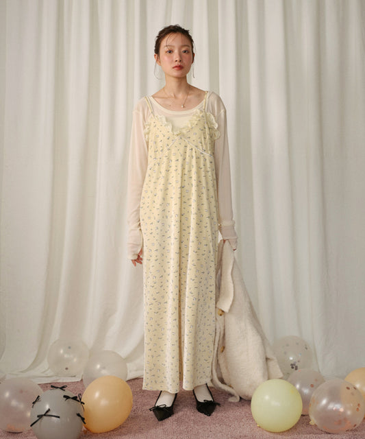 小花柄レース付きベロアキャミワンピース