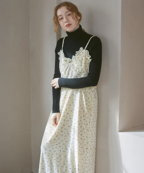 小花柄レース付きベロアキャミワンピース