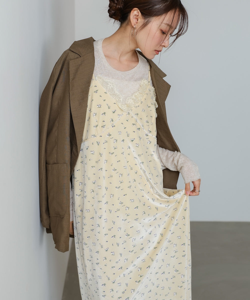 小花柄レース付きベロアキャミワンピース