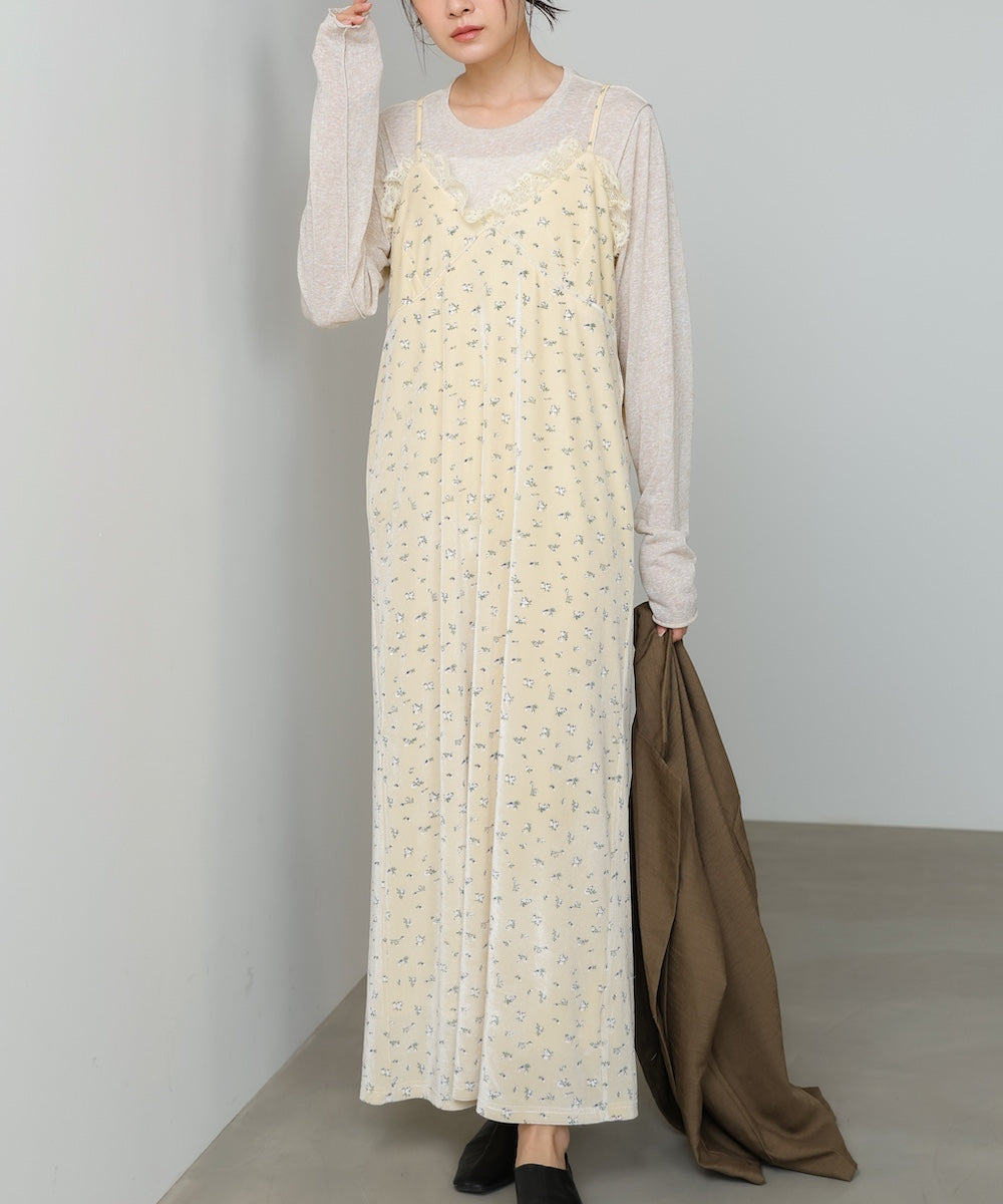 小花柄レース付きベロアキャミワンピース