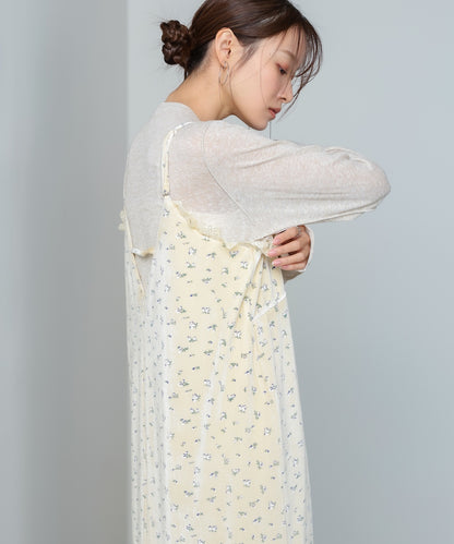 小花柄レース付きベロアキャミワンピース