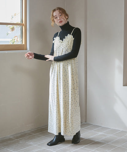 小花柄レース付きベロアキャミワンピース