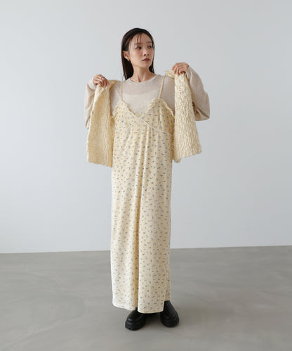 小花柄レース付きベロアキャミワンピース