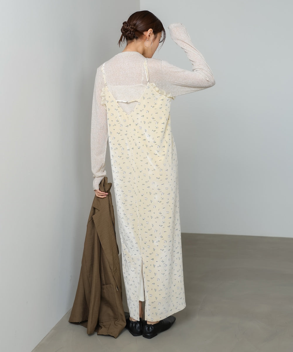 小花柄レース付きベロアキャミワンピース