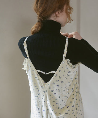 小花柄レース付きベロアキャミワンピース