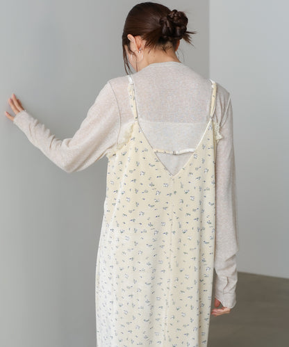 小花柄レース付きベロアキャミワンピース