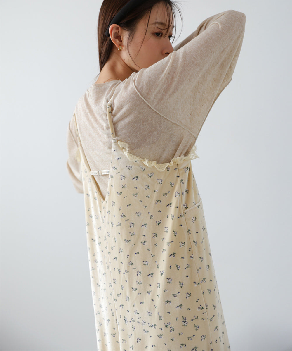 小花柄レース付きベロアキャミワンピース