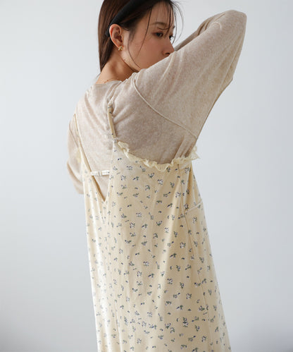 小花柄レース付きベロアキャミワンピース