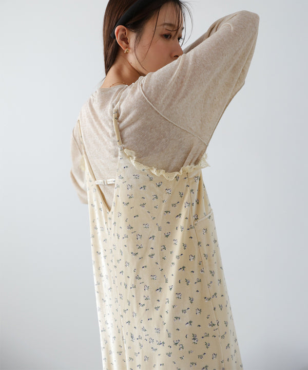 小花柄レース付きベロアキャミワンピース