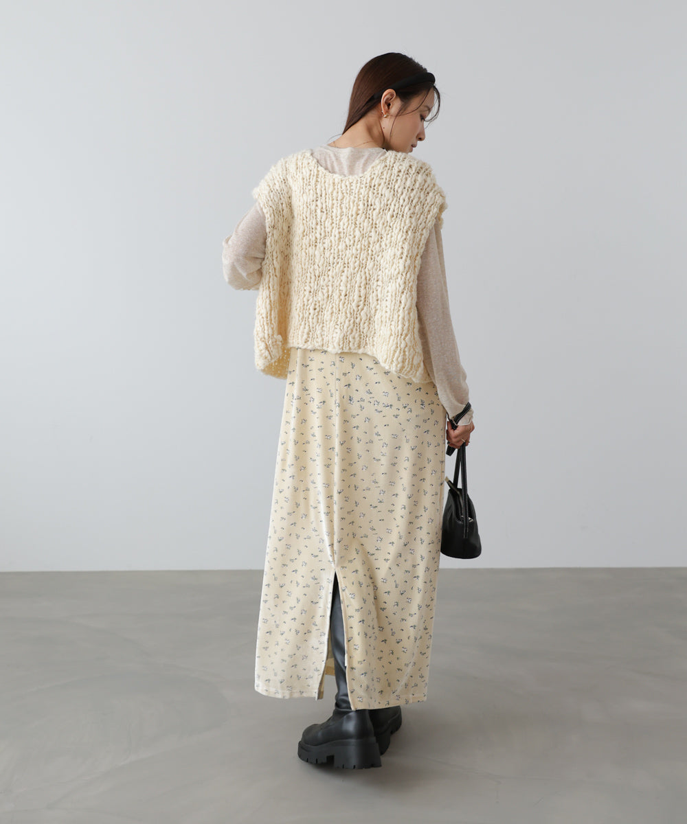 小花柄レース付きベロアキャミワンピース