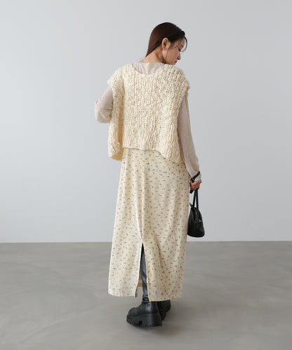 小花柄レース付きベロアキャミワンピース