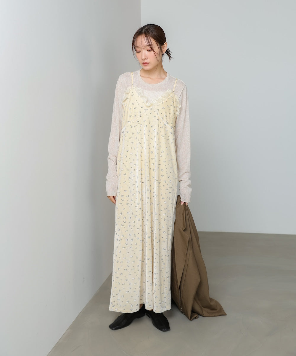 小花柄レース付きベロアキャミワンピース