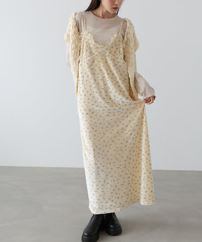 小花柄レース付きベロアキャミワンピース