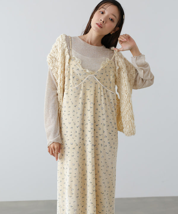 小花柄レース付きベロアキャミワンピース