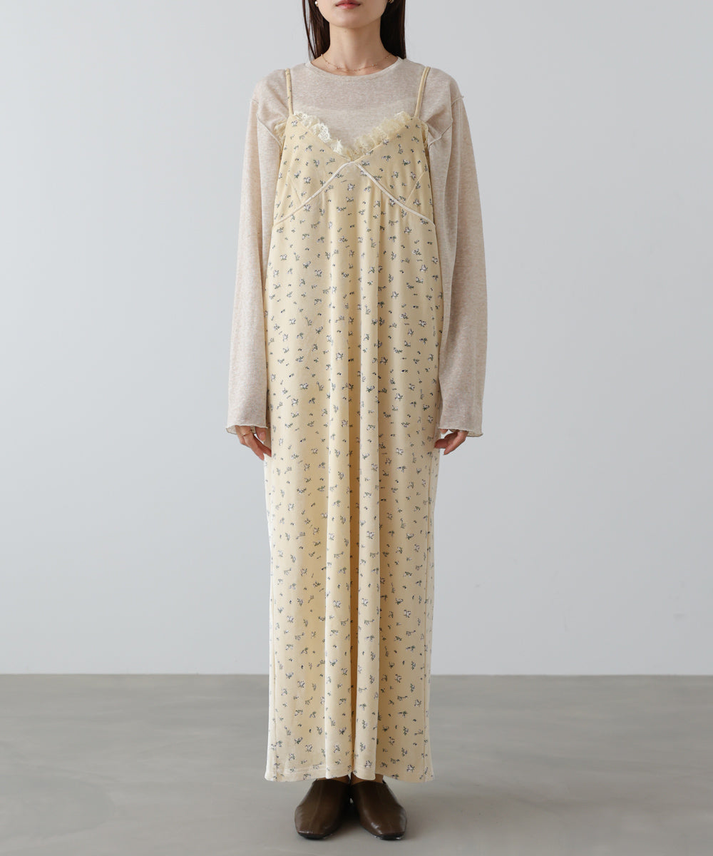 小花柄レース付きベロアキャミワンピース