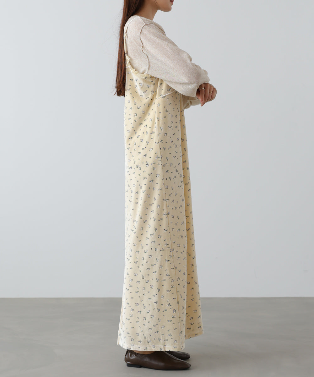 小花柄レース付きベロアキャミワンピース