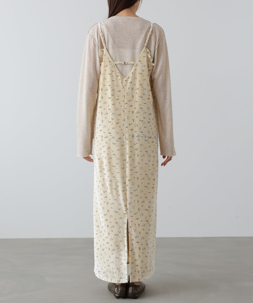 小花柄レース付きベロアキャミワンピース