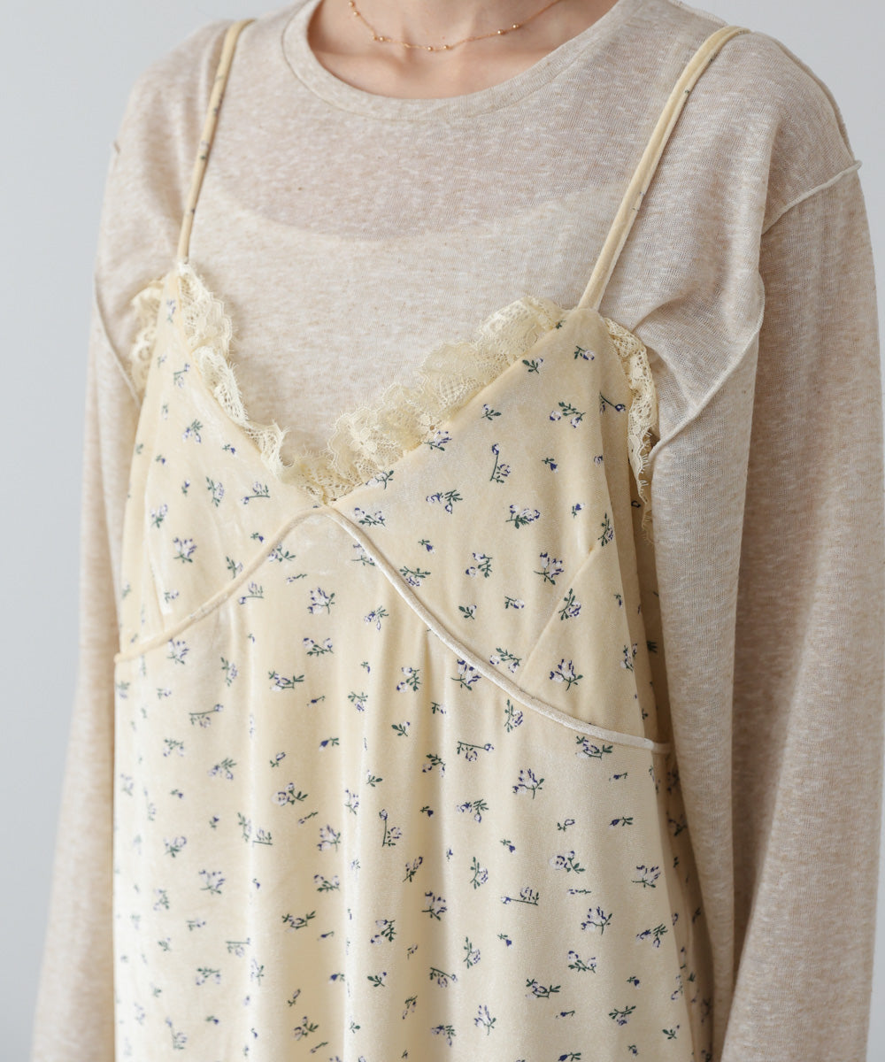 小花柄レース付きベロアキャミワンピース