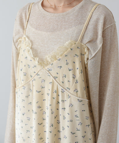 小花柄レース付きベロアキャミワンピース