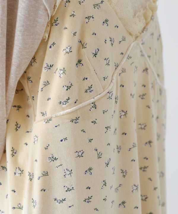 小花柄レース付きベロアキャミワンピース