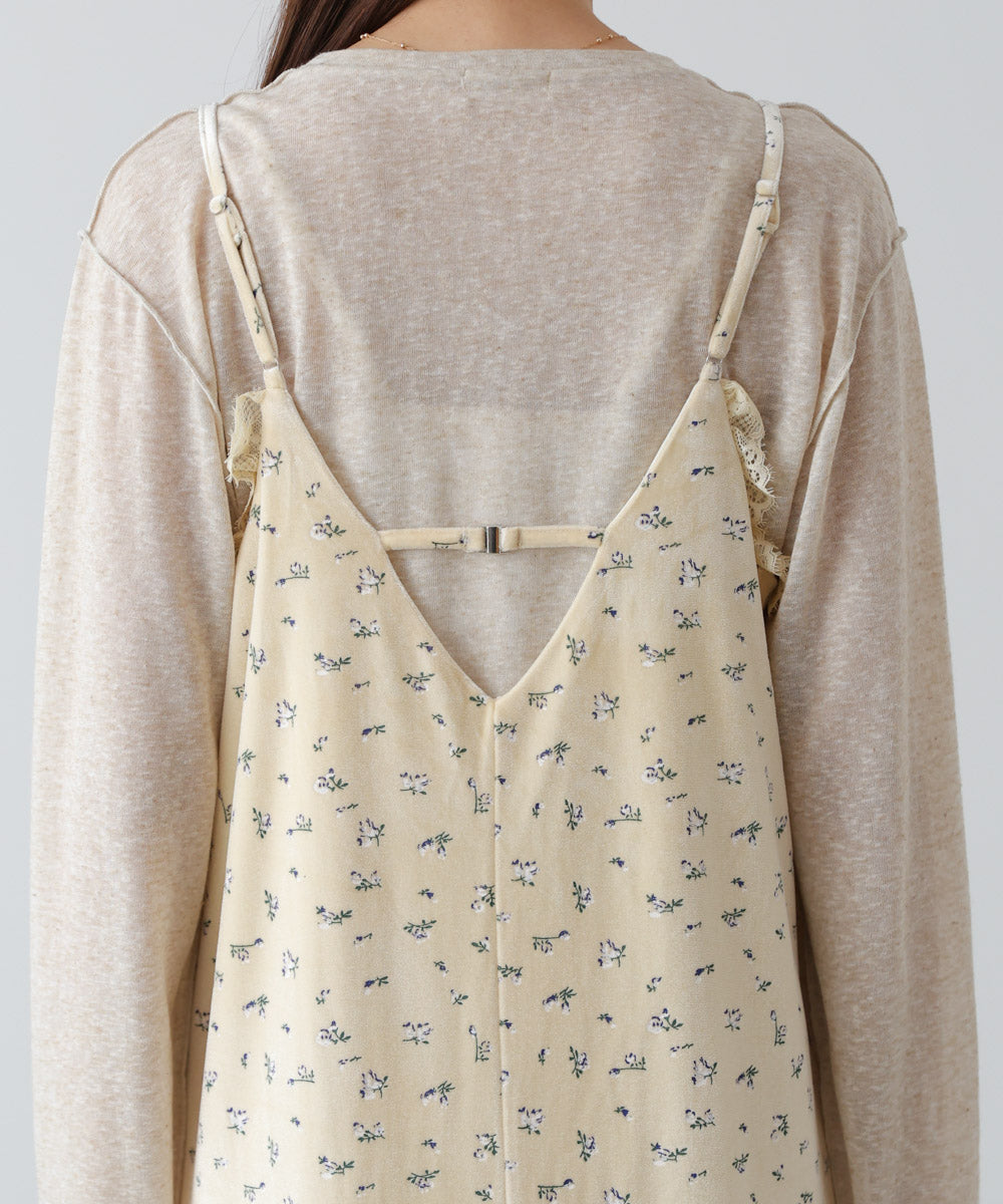 小花柄レース付きベロアキャミワンピース