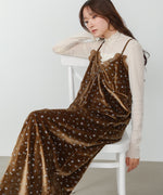 小花柄レース付きベロアキャミワンピース