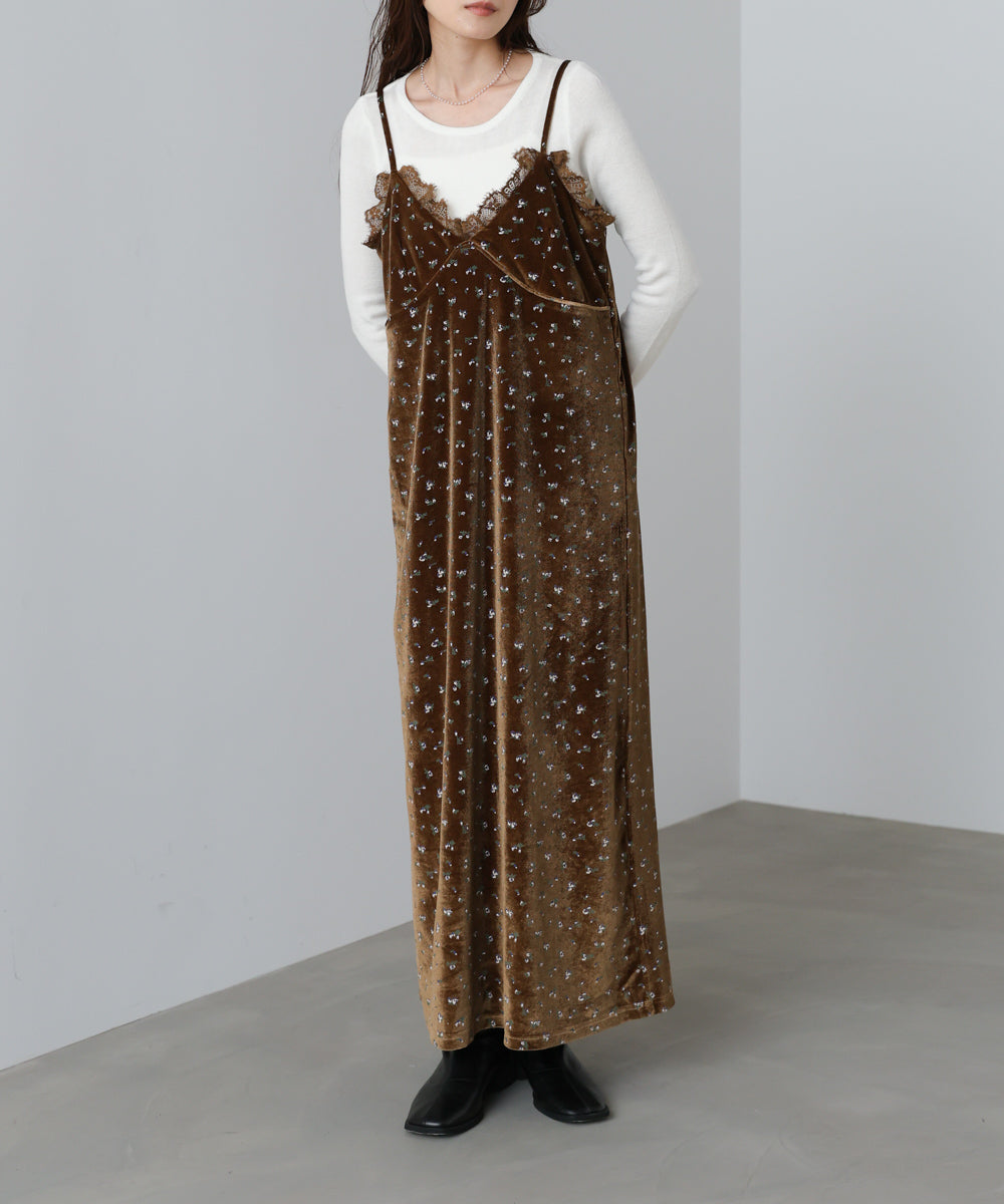 小花柄レース付きベロアキャミワンピース