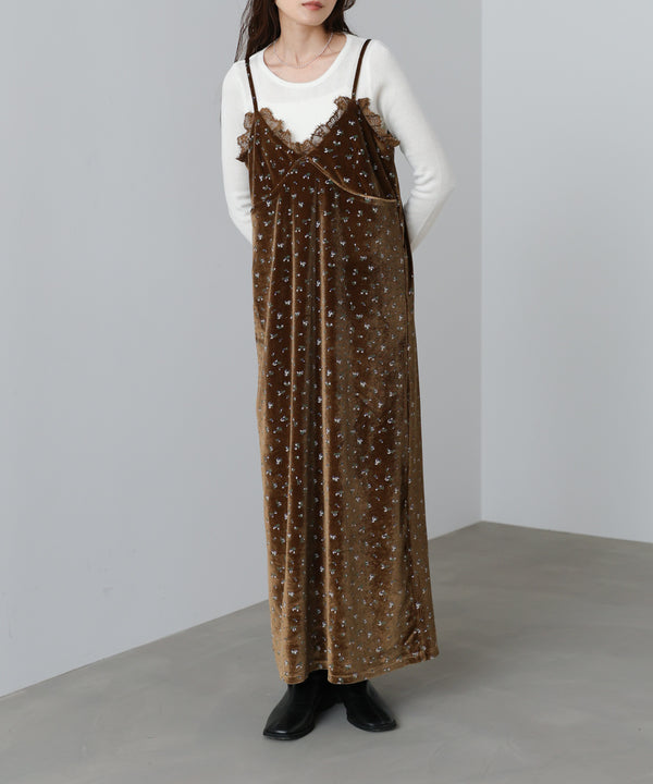 小花柄レース付きベロアキャミワンピース