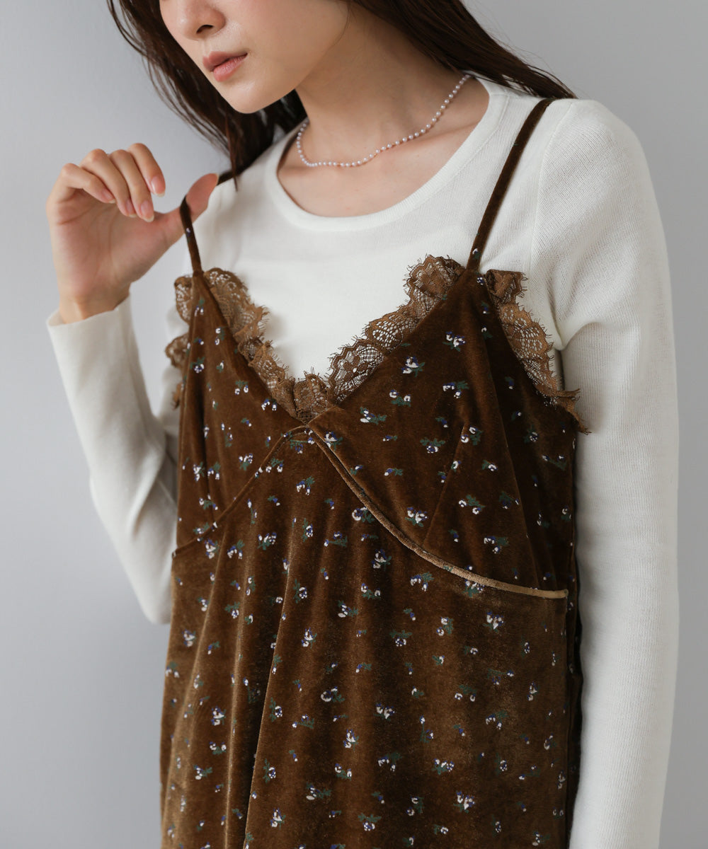 小花柄レース付きベロアキャミワンピース
