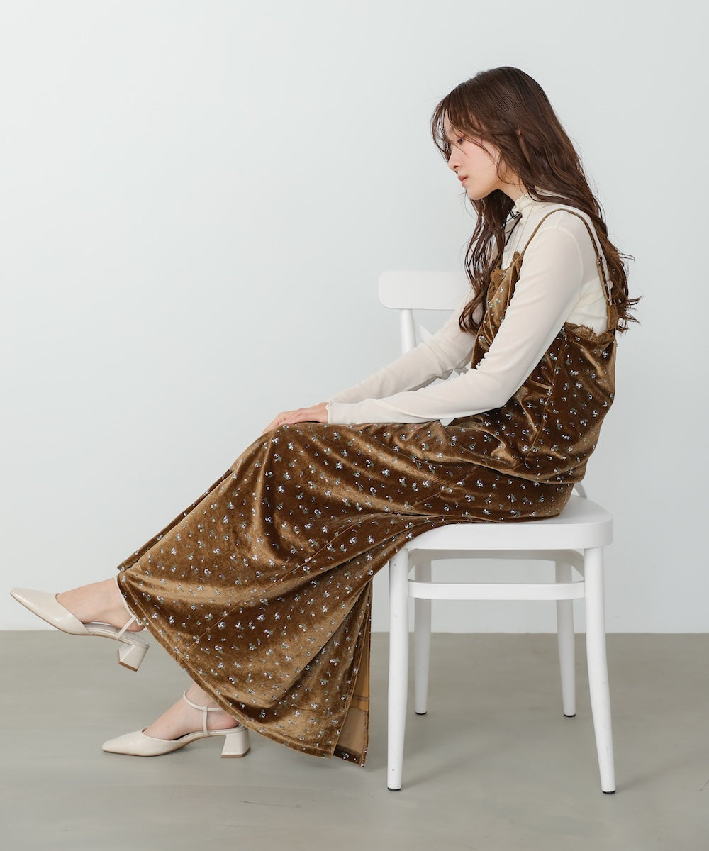 小花柄レース付きベロアキャミワンピース