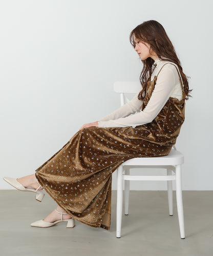 小花柄レース付きベロアキャミワンピース