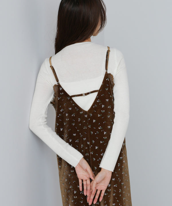 小花柄レース付きベロアキャミワンピース