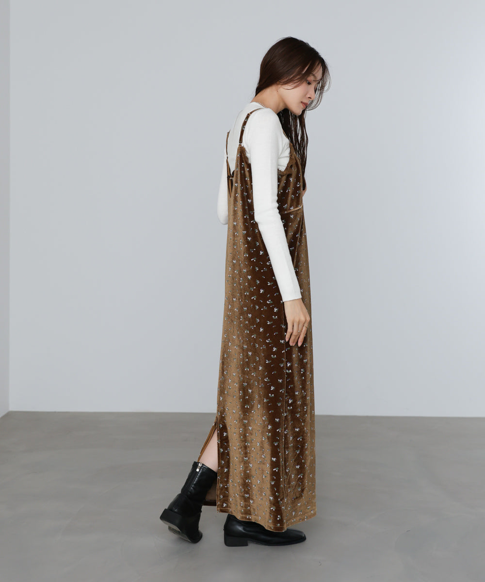 小花柄レース付きベロアキャミワンピース