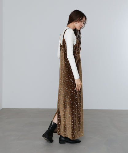 小花柄レース付きベロアキャミワンピース