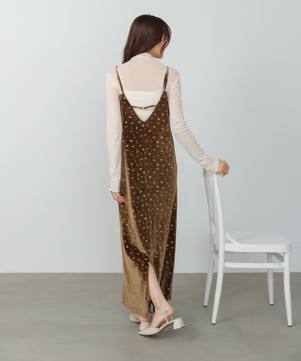 小花柄レース付きベロアキャミワンピース