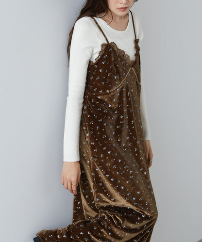 小花柄レース付きベロアキャミワンピース