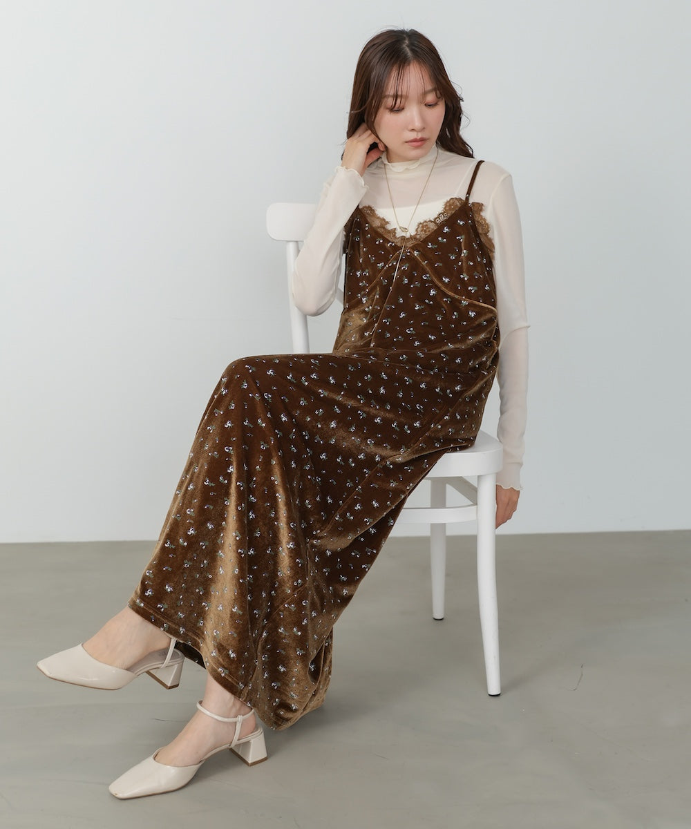小花柄レース付きベロアキャミワンピース