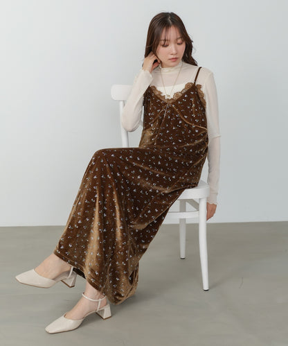 小花柄レース付きベロアキャミワンピース