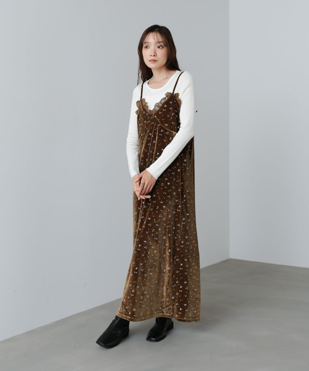 小花柄レース付きベロアキャミワンピース