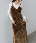 小花柄レース付きベロアキャミワンピース