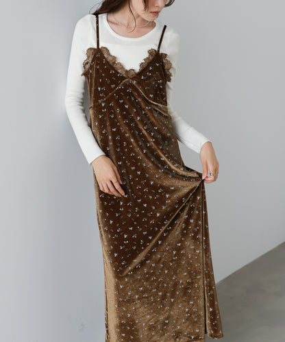 小花柄レース付きベロアキャミワンピース