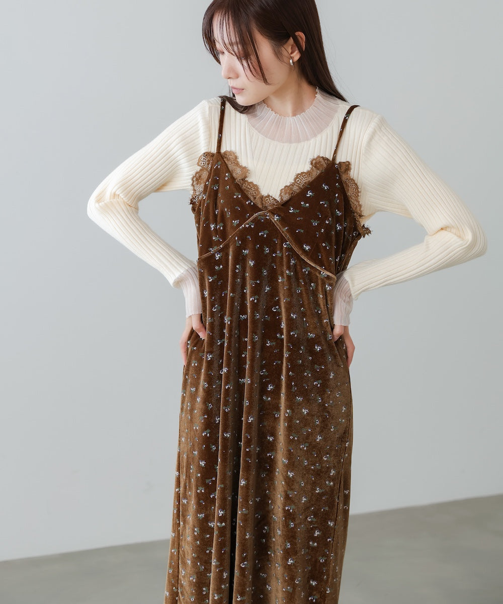 小花柄レース付きベロアキャミワンピース