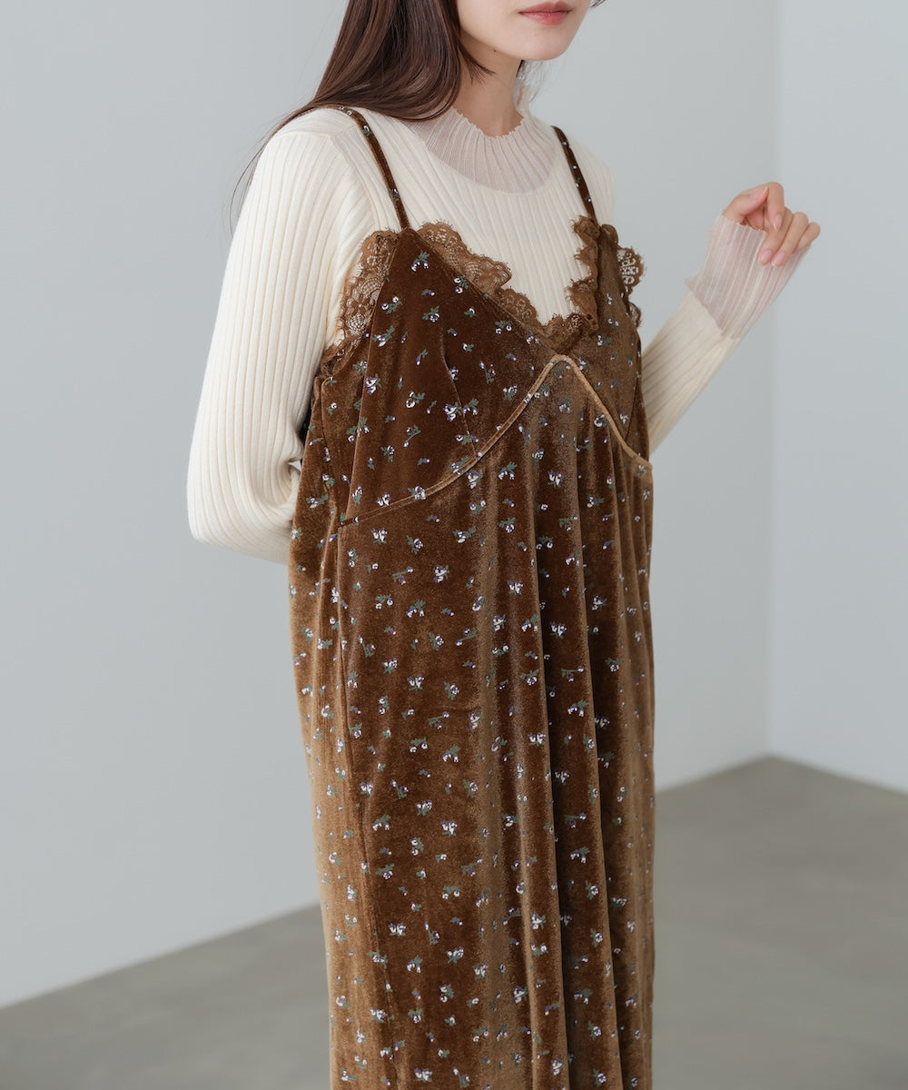 小花柄レース付きベロアキャミワンピース